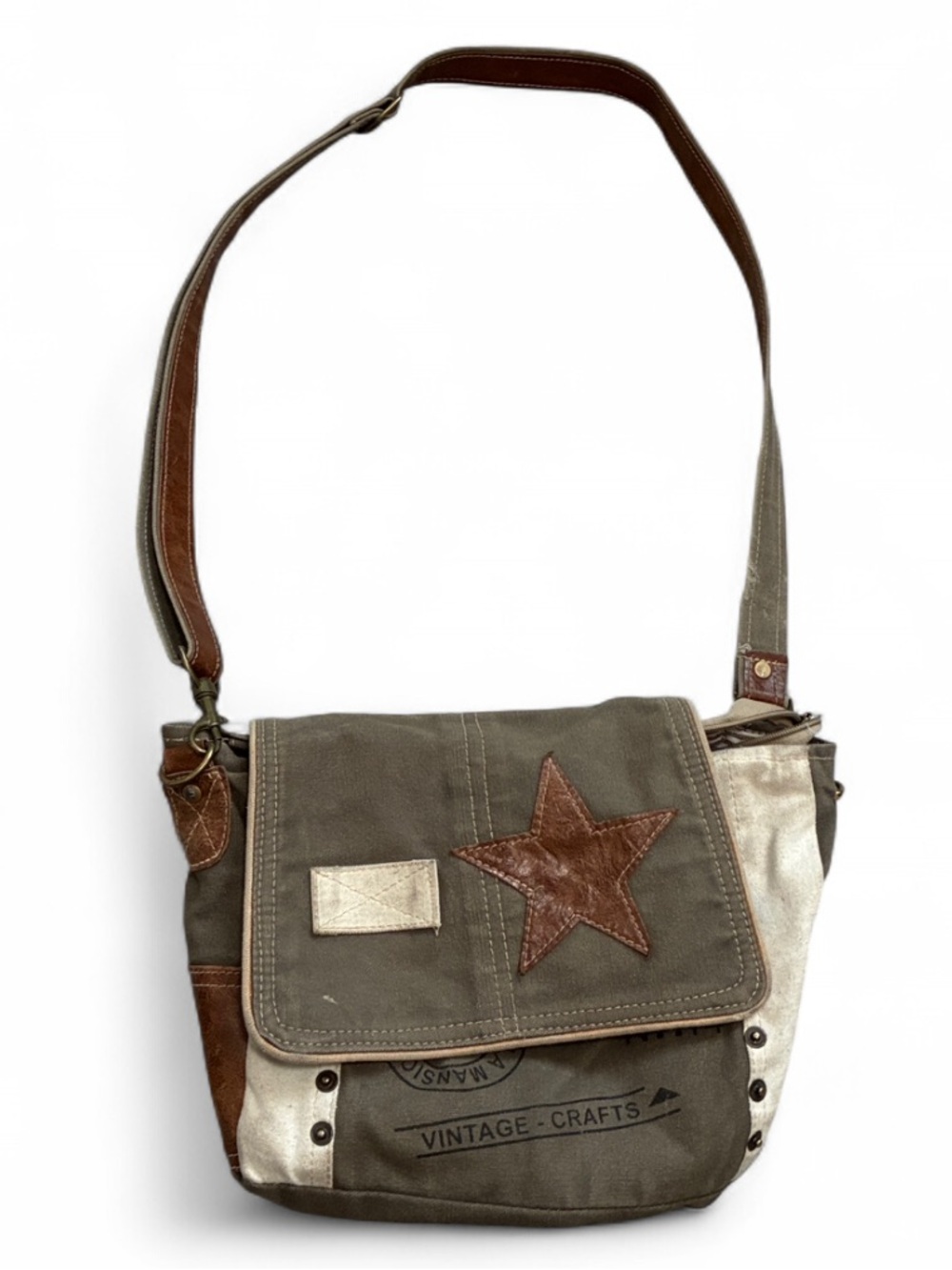 Y2K Canvas Crossbody Bag with Faux Leather Star Accent - Green and Cream